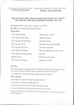 Biên bản kết thúc công khai kế hoạch liên kết trung tâm thể dục thể thao AEROBIC .Năm học 2024 -2025