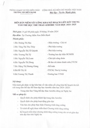 Biên bản niêm yết công khai kế hoạch liên kết trung tâm thể dục thể thao AEROBIC .Năm học 2024 -2025