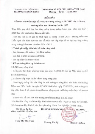 Biên bản kết thúc việc tiếp nhận hồ sơ dạy học tăng cường: AEROBIC cho trẻ trong trường mầm non. Năm học 2024 - 2025