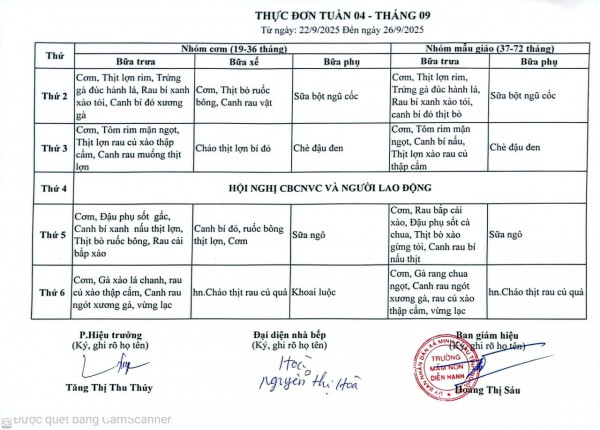 Thực đơn tuần 04 tháng 09/2025