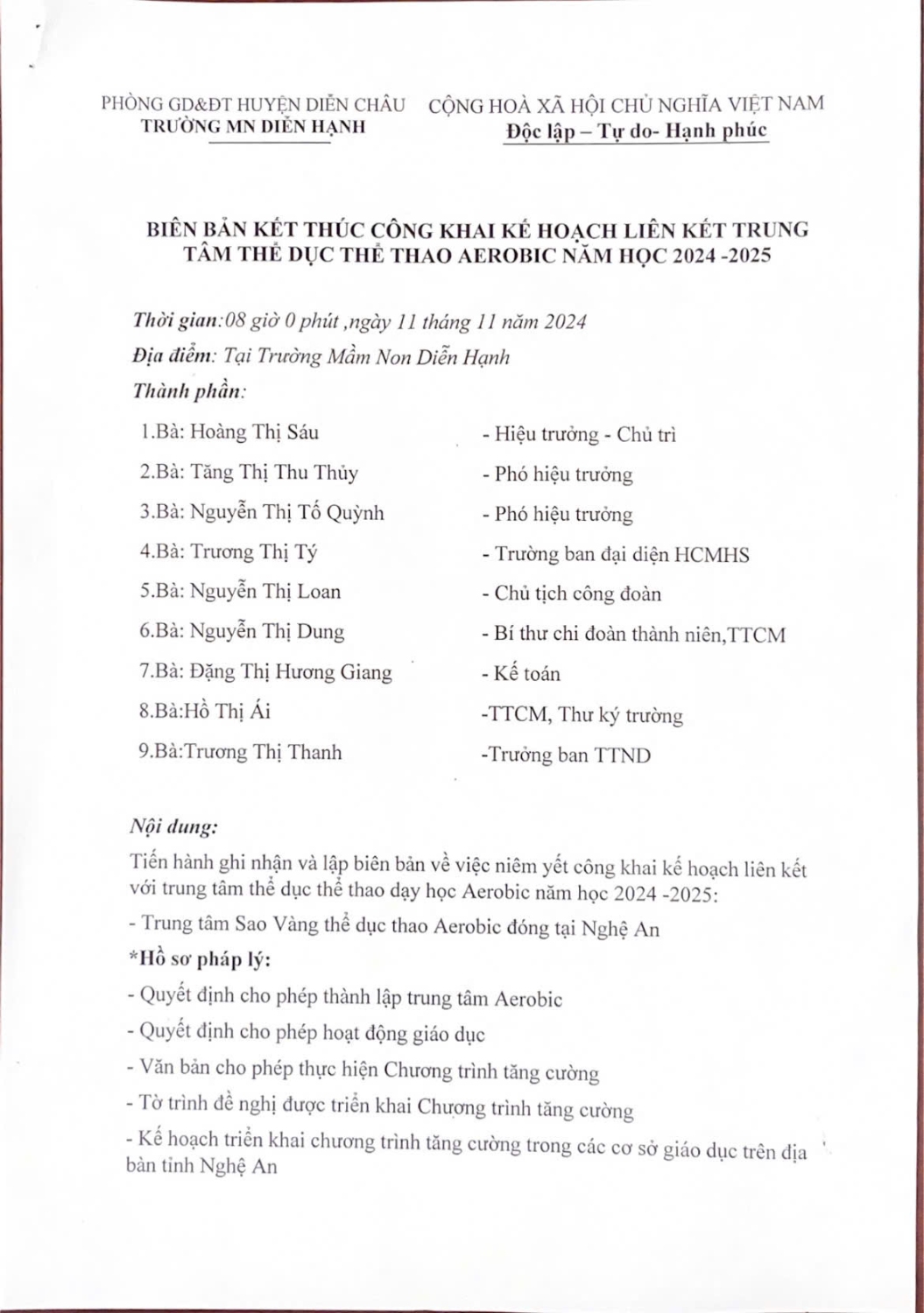 Biên bản kết thúc công khai kế hoạch liên kết trung tâm thể dục thể thao AEROBIC .Năm học 2024 -2025