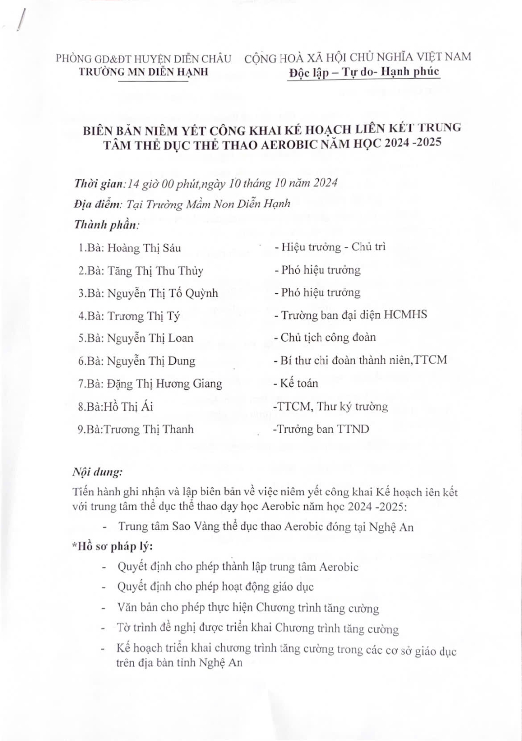 Biên bản niêm yết công khai kế hoạch liên kết trung tâm thể dục thể thao AEROBIC .Năm học 2024 -2025