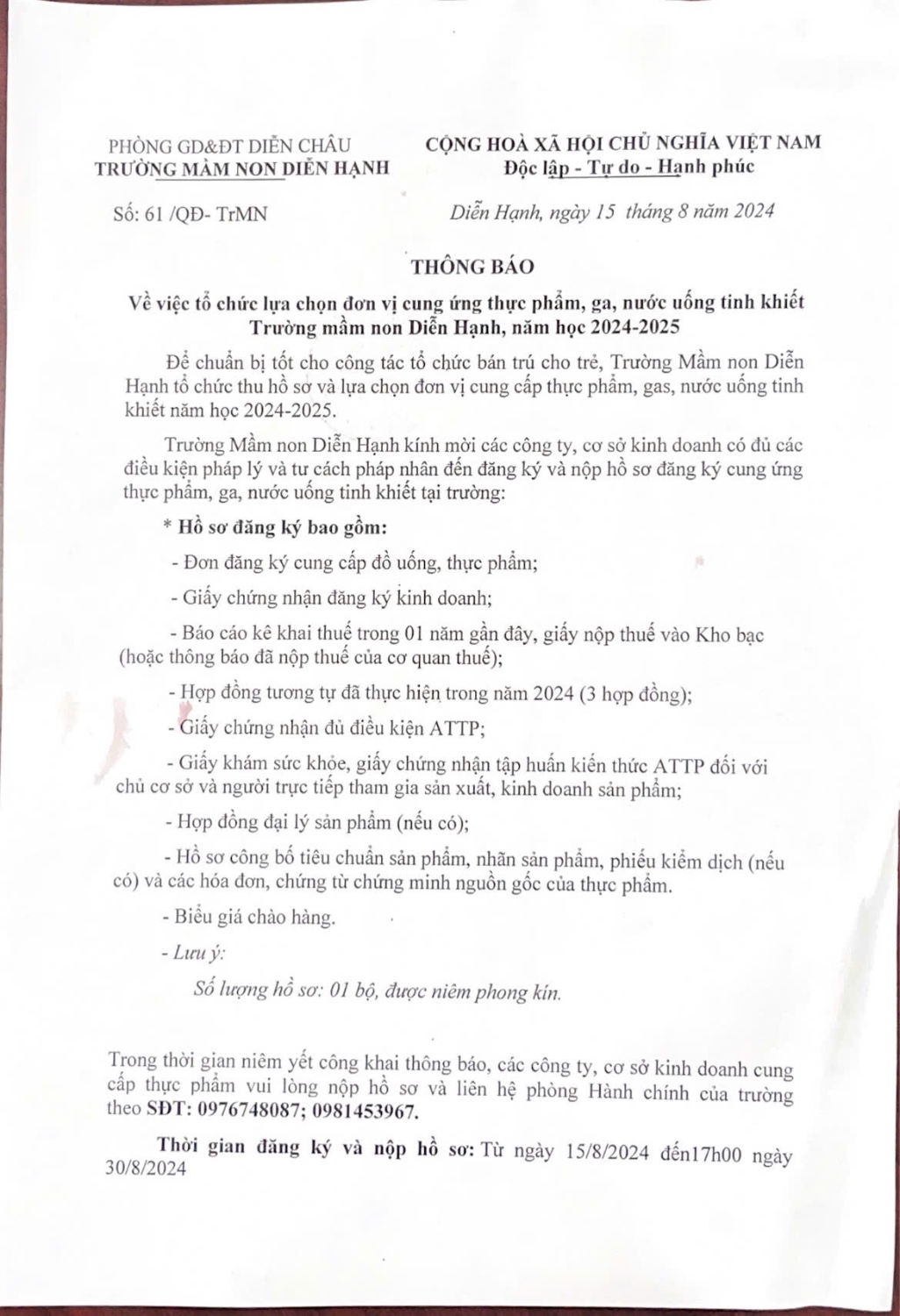 Thông báo về việc tổ chức lựa chọn đơn vị cung ứng thực phẩm, ga, nước uống tinh khiết Trường mầm non Diễn Hạnh, năm học 2024-2025