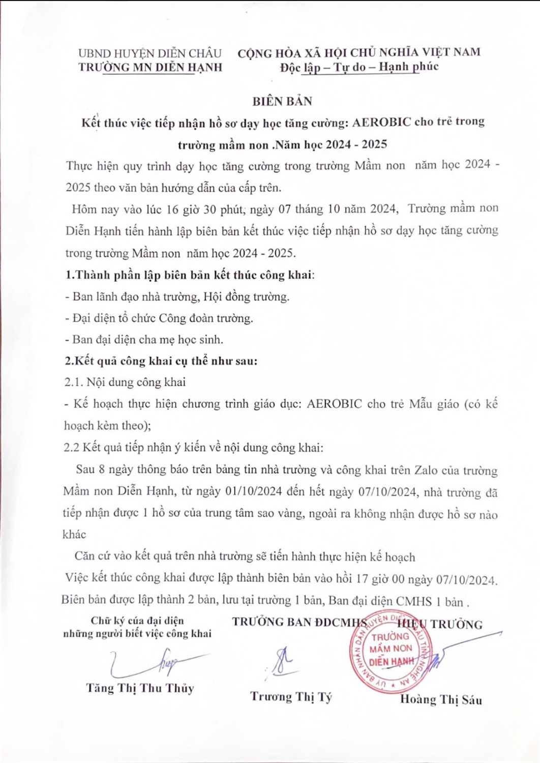 Biên bản kết thúc việc tiếp nhận hồ sơ dạy học tăng cường: AEROBIC cho trẻ trong trường mầm non. Năm học 2024 - 2025