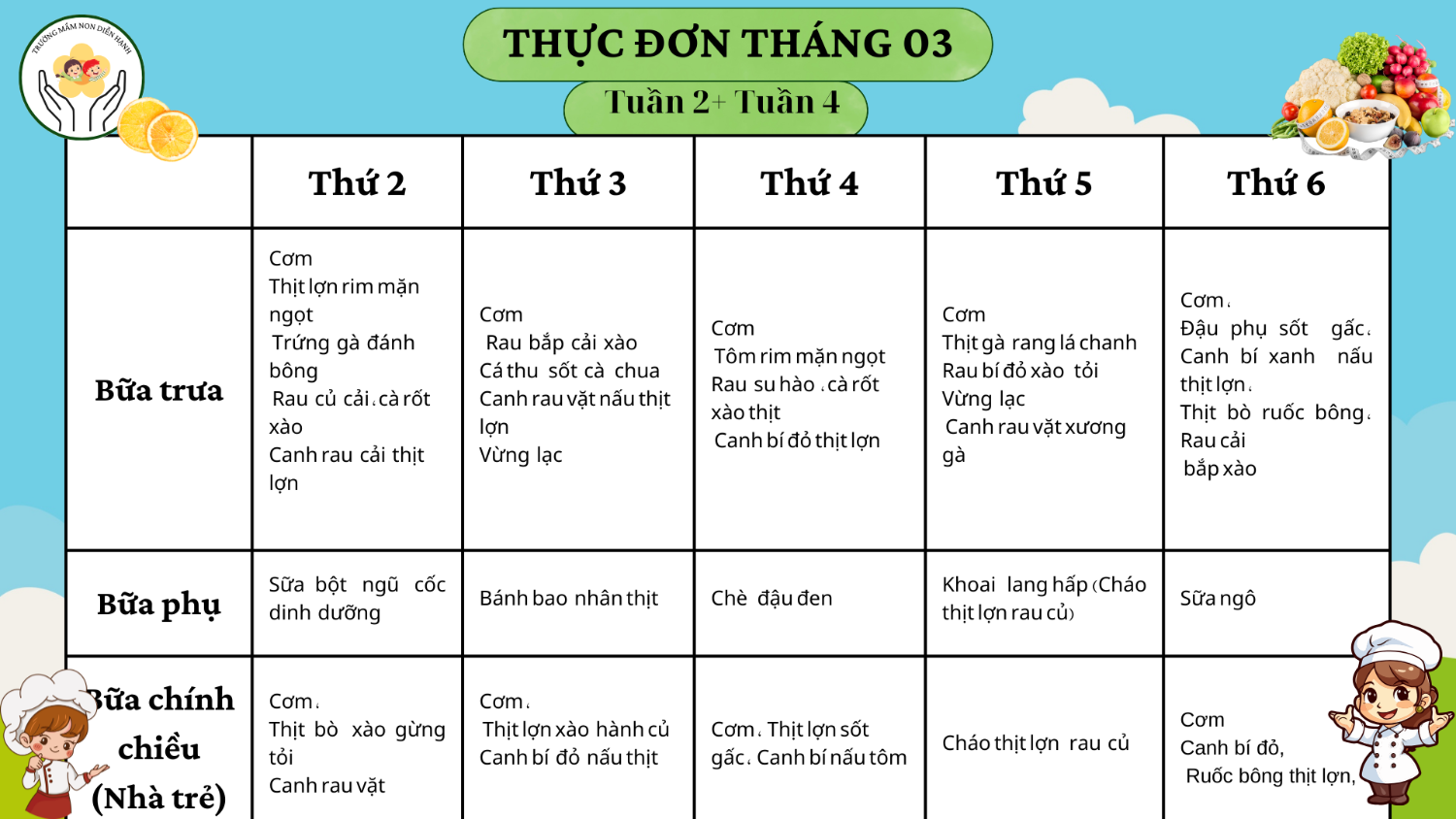 Thực đơn tháng 03 (Tuần 2+tuần 4)