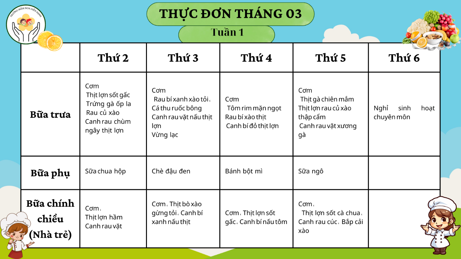 Thực đơn tháng 03/2025 (Tuần 1 +Tuần 3)